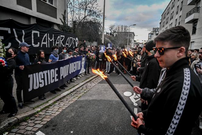 Lyon, le 21 février 2026. Marche en hommage au militant identitaire Quentin Deranque, mort le 14 février des suites des blessures reçues lors d’une rixe le 12 février, organisée par Aliette Espieux, ex-porte parole de la Marche pour la vie et fondatrice de Génération pro-vie.